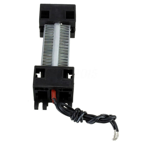 Front view of insulated PTC ceramic air heater element with black end housings and attached twisted wires