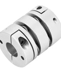 Aluminum alloy shaft sleeve coupling for motor connectors, front view, silver with mounting holes