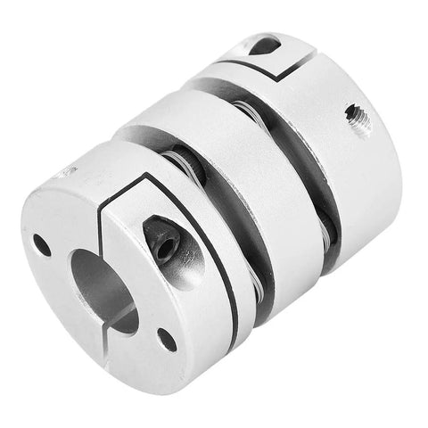 Angled side view of silver aluminum alloy shaft coupling with clamp rings and set screws