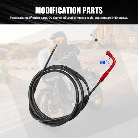 Rock Solid 90 Degree Throttle Cable Adjuster For Dirt Bikes And Street Motorcycles Slick Aluminum Alloy with red twist grip and cable.