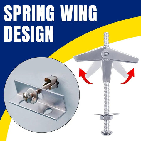 50 Piece Assortment Toggle Bolt And Wing Nut Kit For Hollow Walls With 1/8 3/16 And 1/4 Inch Butterfly Anchors Screws And Washers close-up spring wing design for drywall