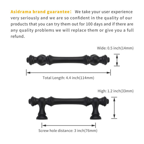 Slick Matte Black Kitchen Cabinet Handles And Heavy Duty Drawer Pulls For Cupboards And Drawers Premium Three Inch Furniture Hardware, 4.4 inches long.