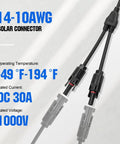 Two Pair Solar Connectors 30A Y Branch Parallel PV Adapter Cable Kit for Solar Panels showing 14-10AWG compatibility and specifications.
