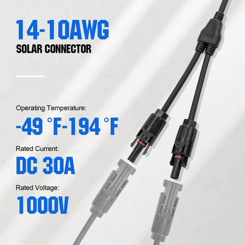 Two Pair Solar Connectors 30A Y Branch Parallel PV Adapter Cable Kit for Solar Panels showing 14-10AWG compatibility and specifications.
