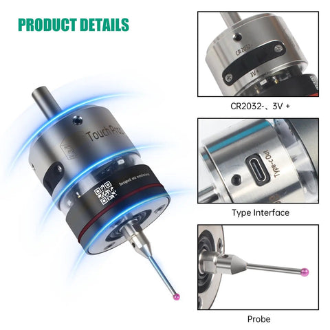 CNC Edge Finder WP500 High Accuracy 0.001mm Trigger Locator with tungsten steel construction, IP67 rated, showing interface and probe.