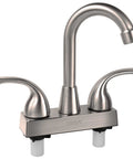 Solid Build RV Bathroom Faucet With Four Inch Centerset Setup And Six Inch High Arch Swivel Spout Smooth Lever Handles view from front.