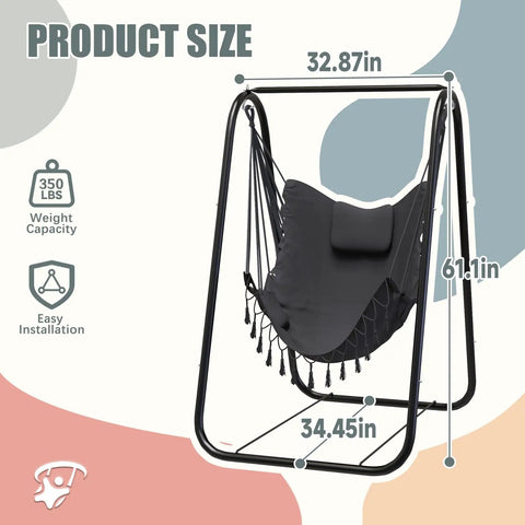 Heavy Duty Rustproof Hammock Chair With Stand For Indoor And Outdoor Use With Ergonomic U Shaped Bracket Neck Pillow And Side Pocket Space Saving Swing Chair For Patio Yard Garden Porch Grey showing dimensions and weight capacity.