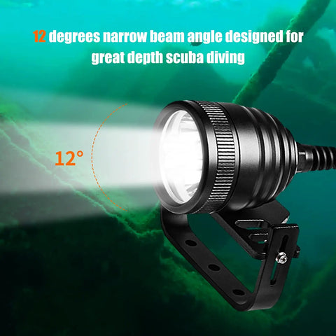 Killer 3000 Lumens Canister Dive Light Kit for Technical Scuba Diving with 12° beam in underwater setting shown with Goodman handle.