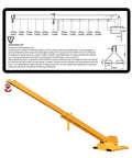 Illustration of Heavy-Duty Forklift Jib Boom Crane, Extendable 84 to 144 Inches, with adjustment diagram for lifting capacity.