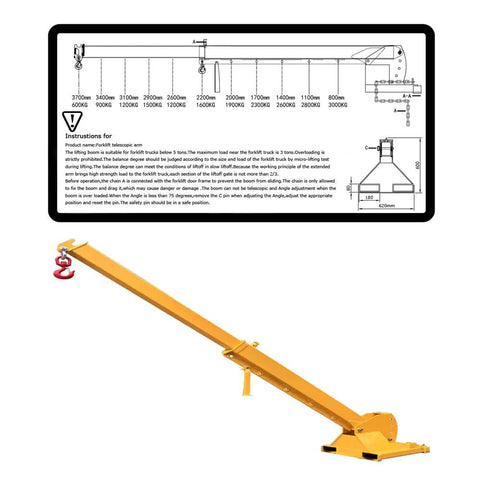 Illustration of Heavy-Duty Forklift Jib Boom Crane, Extendable 84 to 144 Inches, with adjustment diagram for lifting capacity.