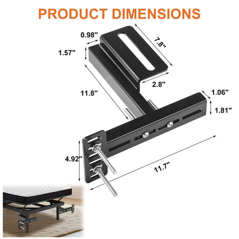 Heavy Duty Adjustable Headboard Bracket Kit In Sleek Black Metal dimensions showing measurements for wall mounting hardware.