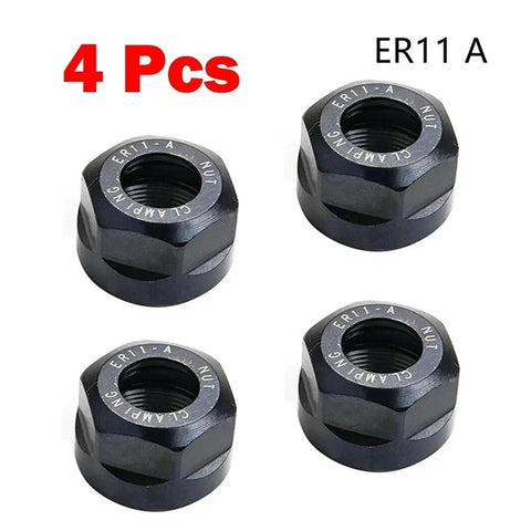 Heavy Duty Er11 Collet Chuck Nut Kit Four Piece Precision Machined Clamping Hardware For Milling Machines Lathes And Shop Tooling. Four black ER11 nuts.