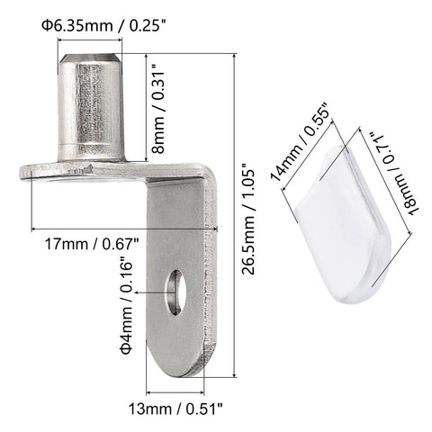 Fifty Piece Bad Boy Metal Shelf Support Pegs And Slick L Shaped Cabinet Clips With Silicone Sleeve For Straight Forward Wood Shelving And Kitchen Furniture Build, showing dimensions and details.