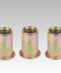 100 Piece Carbon Steel Rivet Nuts Blind Insert Set With Flat Heads And Knurled Grip For 3/4 To 12mm Thick Sheet Metal Fastening Projects, three knurled grip rivet nuts.