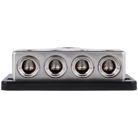 Heavy Duty Car Audio Power Distribution Block With Rock Solid Zinc Alloy Build, 1 Or 4 Gauge Input And Four Outputs With Reducers, Premium Block Cover For Safe Install And Peak Conductivity. zinc alloy 4-output block with cover