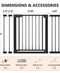 Wide Fit Baby Gate For Stairs And Doorways Auto Close Fits 29.93 To 46 Inch Openings 30 Inch Tall Walk Through Indoor Gate With 2.75 And 8.25 Inch Extensions Mom Approved Great For Babies And Pets showing dimensions and accessories.