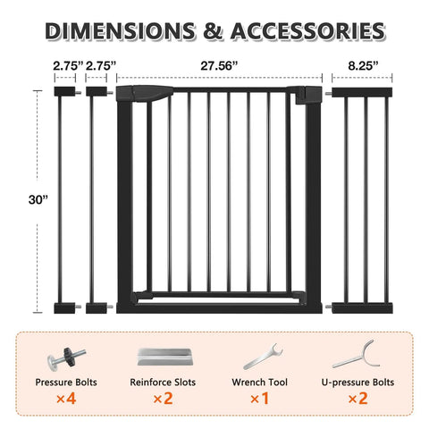 Wide Fit Baby Gate For Stairs And Doorways Auto Close Fits 29.93 To 46 Inch Openings 30 Inch Tall Walk Through Indoor Gate With 2.75 And 8.25 Inch Extensions Mom Approved Great For Babies And Pets showing dimensions and accessories.