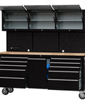 Badass Heavy Duty Tool Chest And Rolling Cabinet Two Pack Workhorse Featuring Twenty Six Deep Slide Out Drawers For Rock Solid Garage And Workshop Setup Organization, black with wooden top.