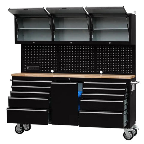 Badass Heavy Duty Tool Chest And Rolling Cabinet Two Pack Workhorse Featuring Twenty Six Deep Slide Out Drawers For Rock Solid Garage And Workshop Setup Organization, black with wooden top.