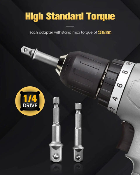 Impact Grade Socket Adapter Set Three Piece With Bit Holder One Quarter Inch Three Eighths Inch One Half Inch SAE Hex Shank Cr V Heat Treated For Cordless Drill And Screwdriver Heavy Duty Drill Bit Adapters shown with drill.