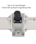Heavy Duty Pneumatic Boost Cylinder For Higher Air Pressure, Muffler And Relief Valves, Industrial Grade Compressed Air System showing front view with pressure regulating valve