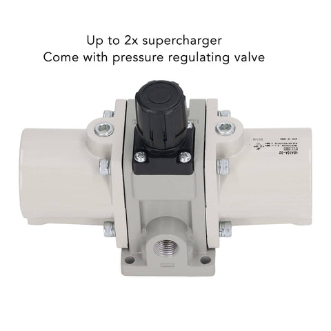 Heavy Duty Pneumatic Boost Cylinder For Higher Air Pressure, Muffler And Relief Valves, Industrial Grade Compressed Air System showing front view with pressure regulating valve