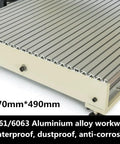 Close-up of Four Axis Router Kit aluminum alloy workbench, showing 770x490mm size, anti-corrosion feature visible