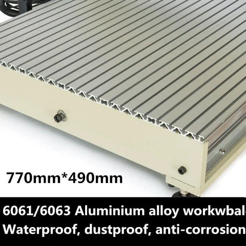 Close-up of Four Axis Router Kit aluminum alloy workbench, showing 770x490mm size, anti-corrosion feature visible
