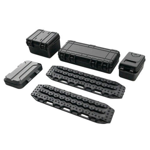 12 Piece Roof Decoration Kit For 1 By 18 TRX4M And 1 By 24 SCX24 Crawlers with recovery boards and tool boxes on display.