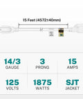 Beefy 14 Gauge 3 Prong Extension Cord 15 Feet Long 15 Amp 1875 Watt White UL Listed Power Cable specifications