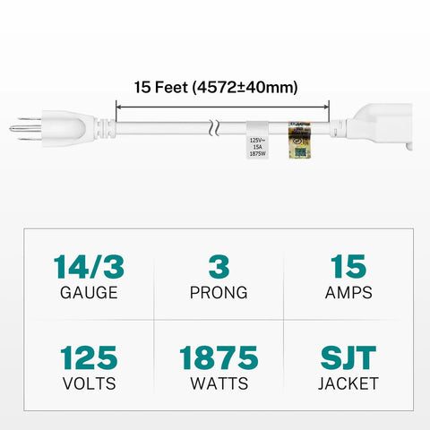 Beefy 14 Gauge 3 Prong Extension Cord 15 Feet Long 15 Amp 1875 Watt White UL Listed Power Cable specifications