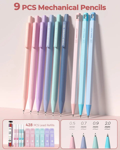 9 pastel mechanical pencils from 56 Piece Cute Pink Pencil Case Back To School Preppy Style Stationery Kit with lead refills