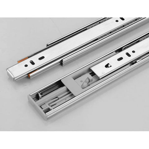 Beefy Heavy Duty Steel Drawer Slides With Buffer Closure And Smooth Load Bearing, Three Section Guide Rail, Silent Double Row Ball Bearings, Sturdy Silver Drawer Track For Kitchen Cabinets And Dresser Drawers, silver steel, open view
