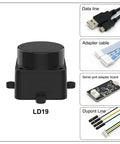 12 Meter ToF LiDAR Sensor Kit With 360 Degree Scanning Walnut-Sized Unit showing parts and cables for Raspberry Pi and adapter.