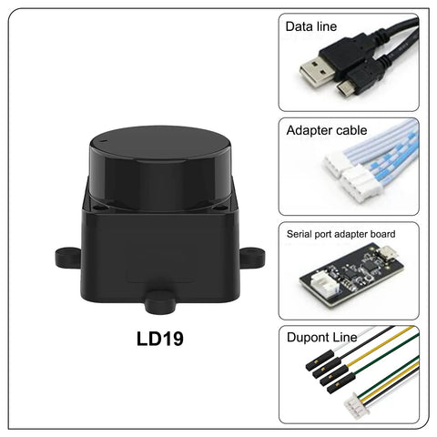 12 Meter ToF LiDAR Sensor Kit With 360 Degree Scanning Walnut-Sized Unit showing parts and cables for Raspberry Pi and adapter.