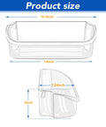 Diagram of Refrigerator Door Bin Shelf Upper Slot Replacement Part dimensions; 15.4" x 14" x 7.24", white, side and top view