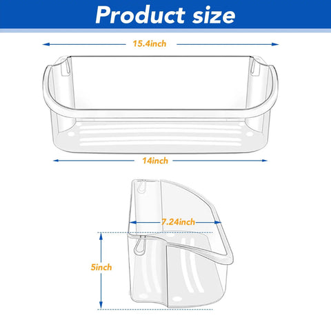 Diagram of Refrigerator Door Bin Shelf Upper Slot Replacement Part dimensions; 15.4" x 14" x 7.24", white, side and top view