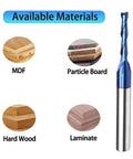Solid Carbide Spiral Upcut Router Bits Set Two Pieces One Quarter Inch Shank One Eighth Inch Cutting Diameter Two And A Half Inch Total Length Nano Blue Coating Workhorse For Carving Standard Milling Finishing And Boring next to wood material types MDF, particle board, hard wood, and laminate.