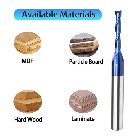 Solid Carbide Spiral Upcut Router Bits Set Two Pieces One Quarter Inch Shank One Eighth Inch Cutting Diameter Two And A Half Inch Total Length Nano Blue Coating Workhorse For Carving Standard Milling Finishing And Boring next to wood material types MDF, particle board, hard wood, and laminate.