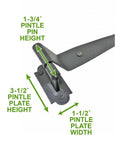 Close-up of pintle plate with dimensions for Pack Of 8 Black Pintle Strap Hinges 11.75 Inch Offset Colonial Shutter Hardware Built To Last With Wrought Iron Rust Resistant Powder Coated Finish For Shutters Gates Barn Doors.
