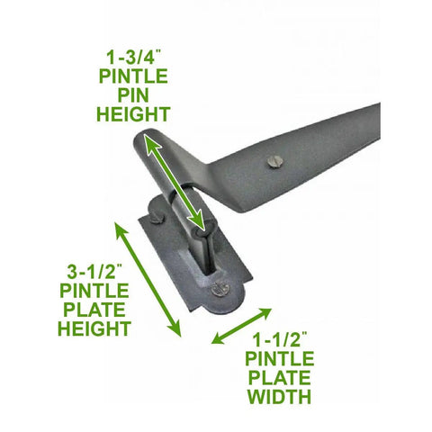 Close-up of pintle plate with dimensions for Pack Of 8 Black Pintle Strap Hinges 11.75 Inch Offset Colonial Shutter Hardware Built To Last With Wrought Iron Rust Resistant Powder Coated Finish For Shutters Gates Barn Doors.
