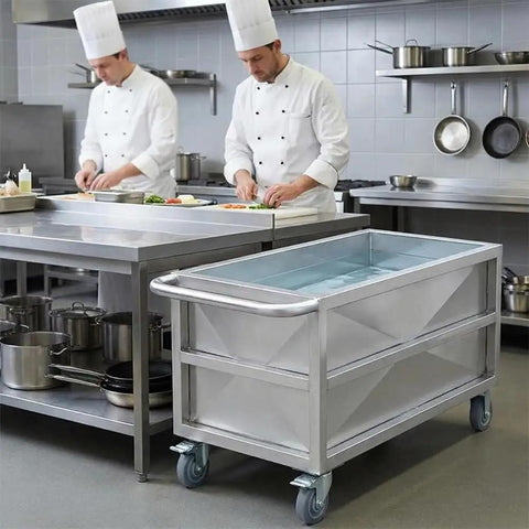 Heavy Duty Commercial Food Prep Cart With Slick Rolling Locking Casters Featuring Deep 304 Stainless Steel Soak Tank in a busy kitchen.