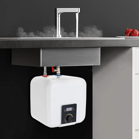 Under Counter Instant Electric Water Heater 1500 Watt Rapid Heat Small Tank Faucet Installation For Kitchen Sink And Bath Quick Warm Flow Smooth Top Shelf Finish beneath a sink with steaming water.
