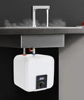 1500W Instant Hot Water Heater Under Sink Kitchen Faucet Compact Electric Wall Mount with digital display and pipes.
