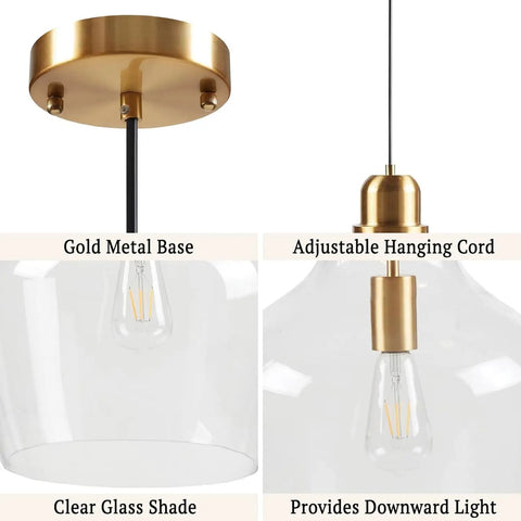 Close-up of Hand Blown Glass Bell Pendant Light in Gold and Clear, Industrial Farmhouse Style, showing gold base and clear shade.