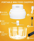Electric Garlic Chopper Mini, Portable USB Rechargeable Food Processor Mincer With Garlic Peeler And Spoon, Hands Free Small Kitchen Gadget For Quick Meal Prep, White parts including the main body, blade, bowl, USB cable, spoon, and garlic peeler.