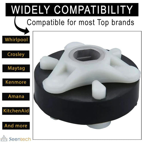 Seentech metal-core motor coupling for Whirlpool/Kenmore washers; white plastic hub on black base, front view