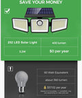 Solar Motion Sensor Flood Light 3 Heads With 270 Degree Wide Beam Wireless Outdoor Wall Light IP65 Waterproof For Garden Patio Garage Ultra Bright 252 LED Security Lamp 1200 Lumens 6500K comparison chart with traditional bulb.