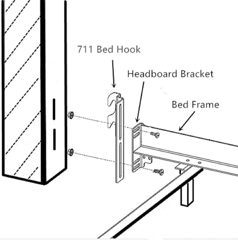 Illustration showing Heavy Duty Headboard Adapter Brackets and Bed Frame Hooks for Metal Beds with detailed assembly labels.