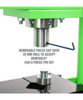 Close-up of Air Hydraulic Shop Press 20 Ton With Dual Speed Pump Bearing And Metal Pressing Floor Model with press cap and hole
